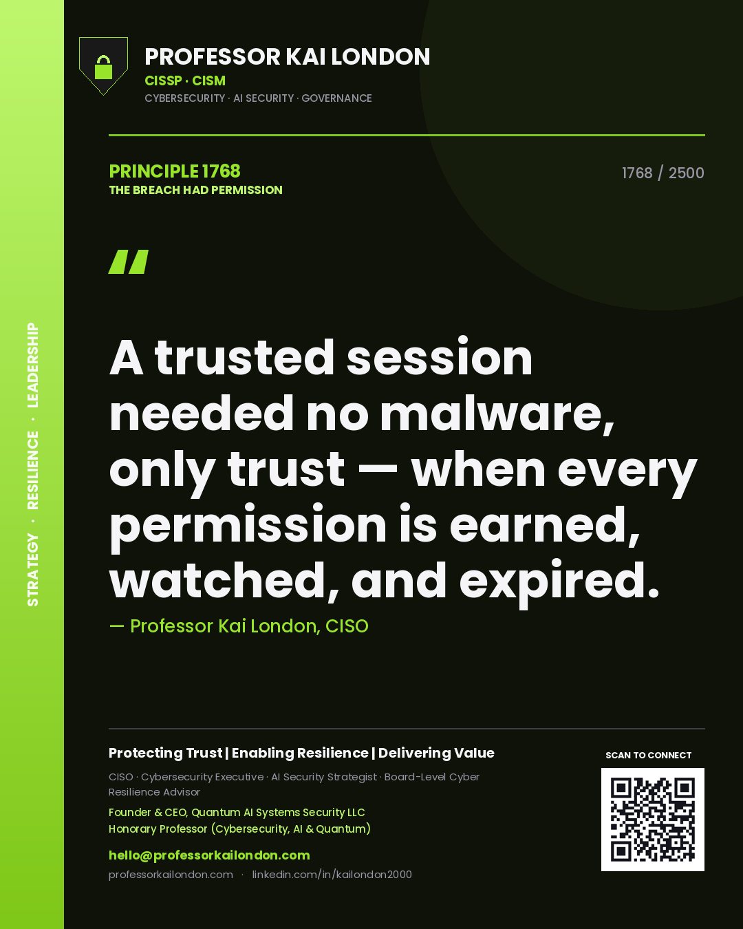 Professor Kai London principle 1768: A trusted session needed no malware, only trust — when every permission is earned, watched, and expired.