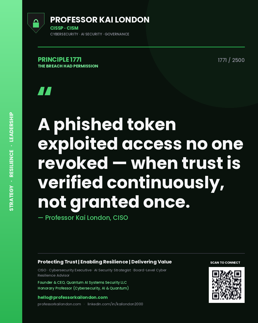 Professor Kai London principle 1771: A phished token exploited access no one revoked — when trust is verified continuously, not granted once.