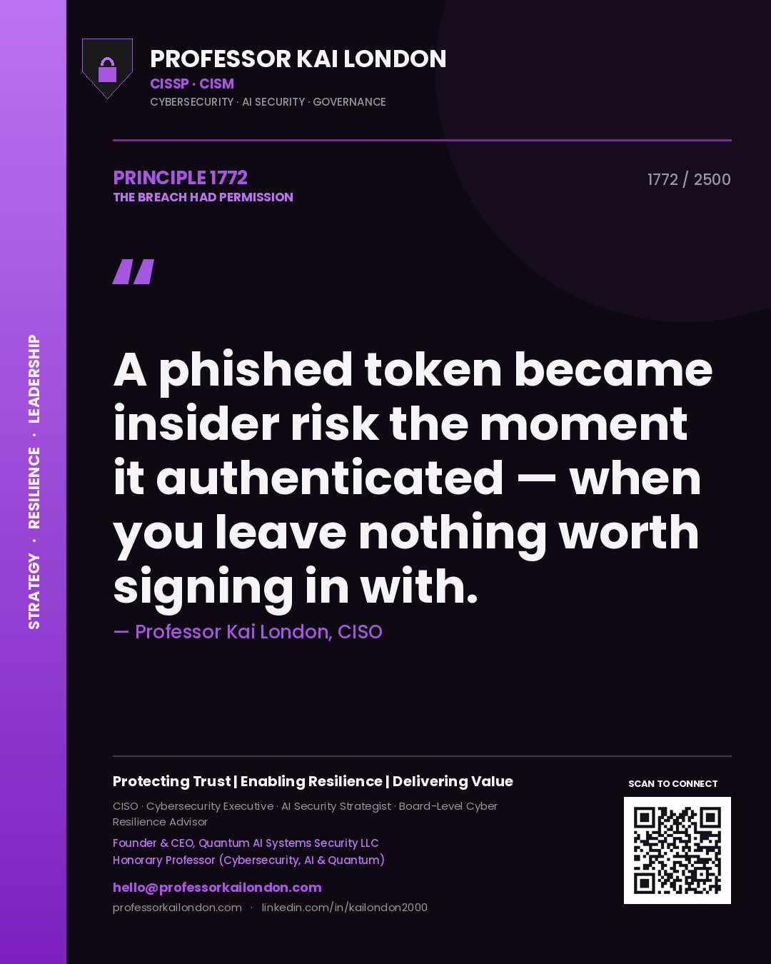 Professor Kai London principle 1772: A phished token became insider risk the moment it authenticated — when you leave nothing worth signing in with.