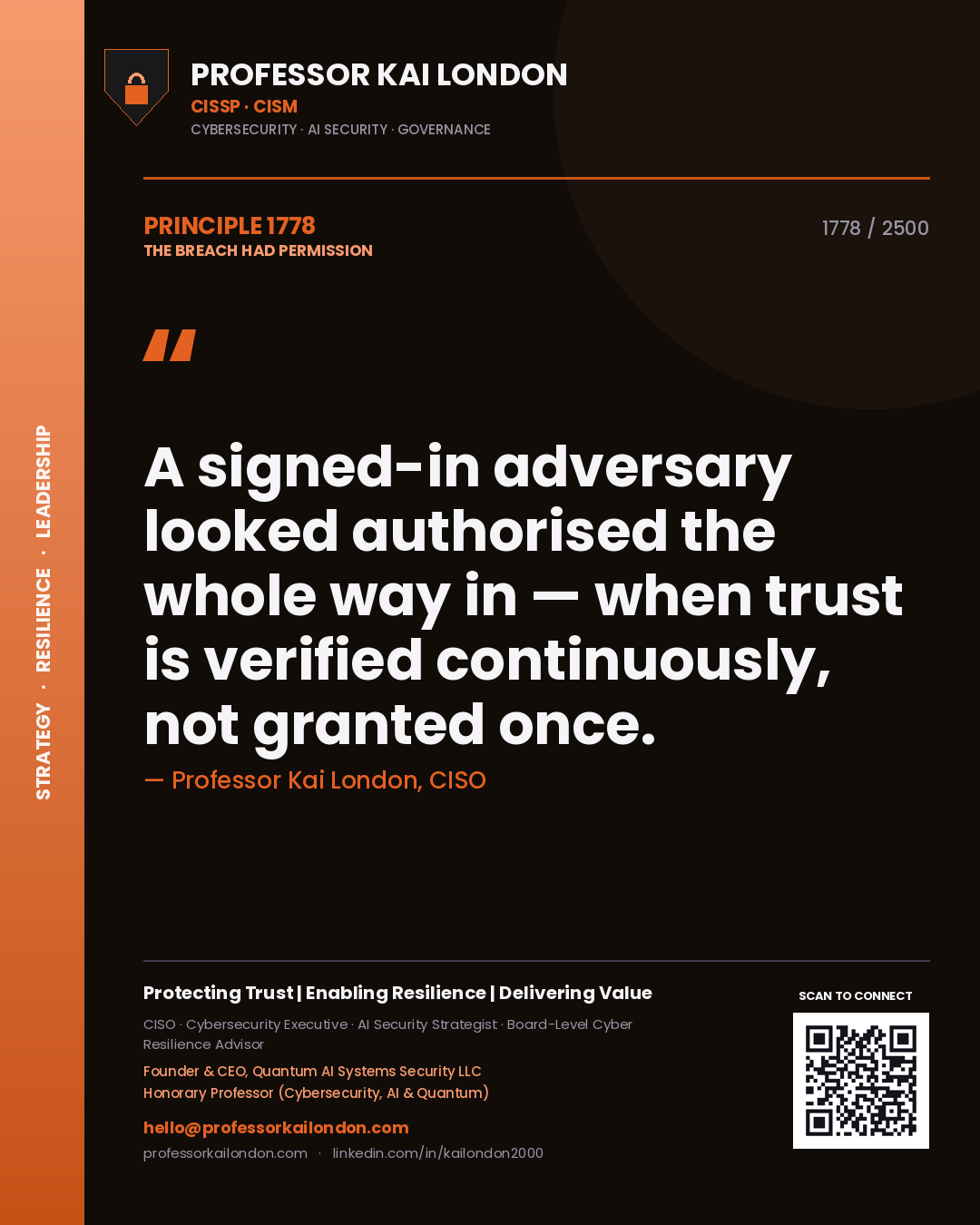 Professor Kai London principle 1778: A signed-in adversary looked authorised the whole way in — when trust is verified continuously, not granted once.