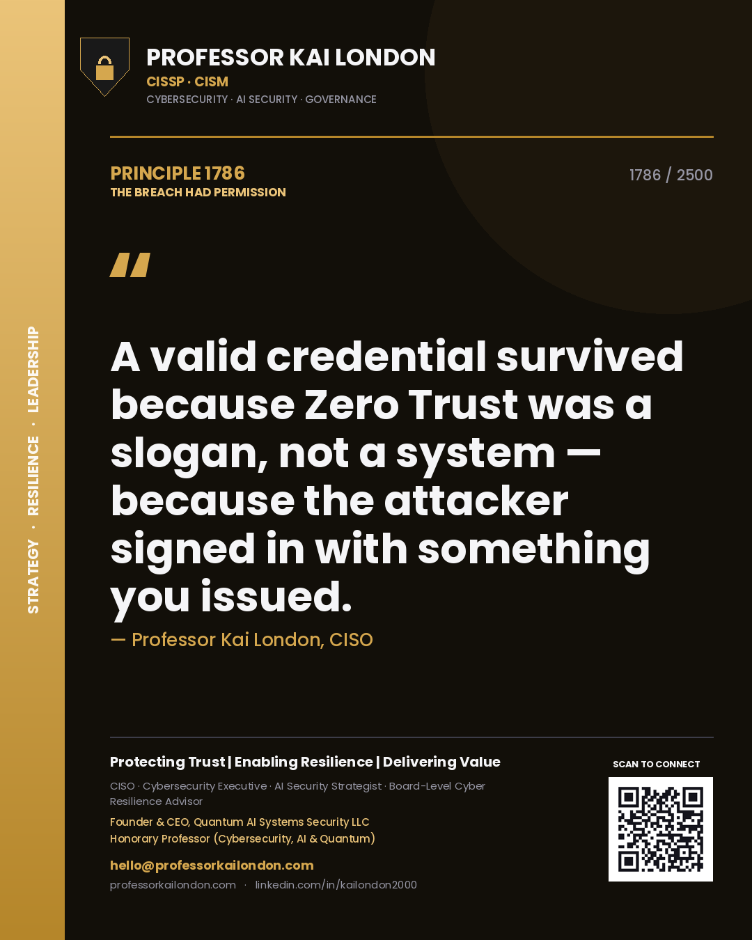 Professor Kai London principle 1786: A valid credential survived because Zero Trust was a slogan, not a system — because the attacker signed in with something you issued.