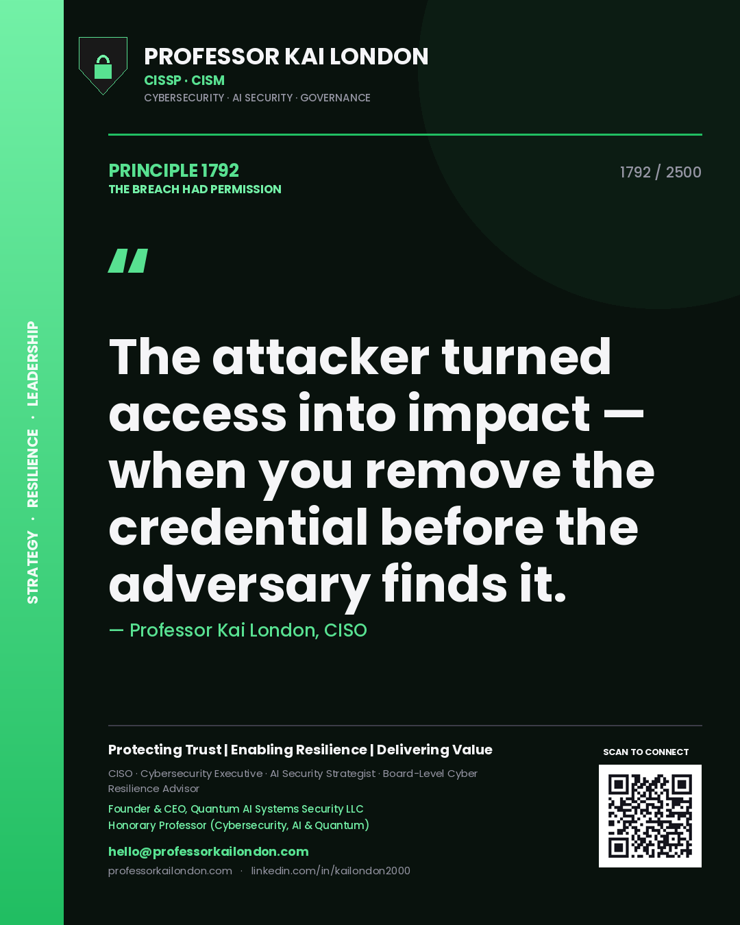 Professor Kai London principle 1792: The attacker turned access into impact — when you remove the credential before the adversary finds it.