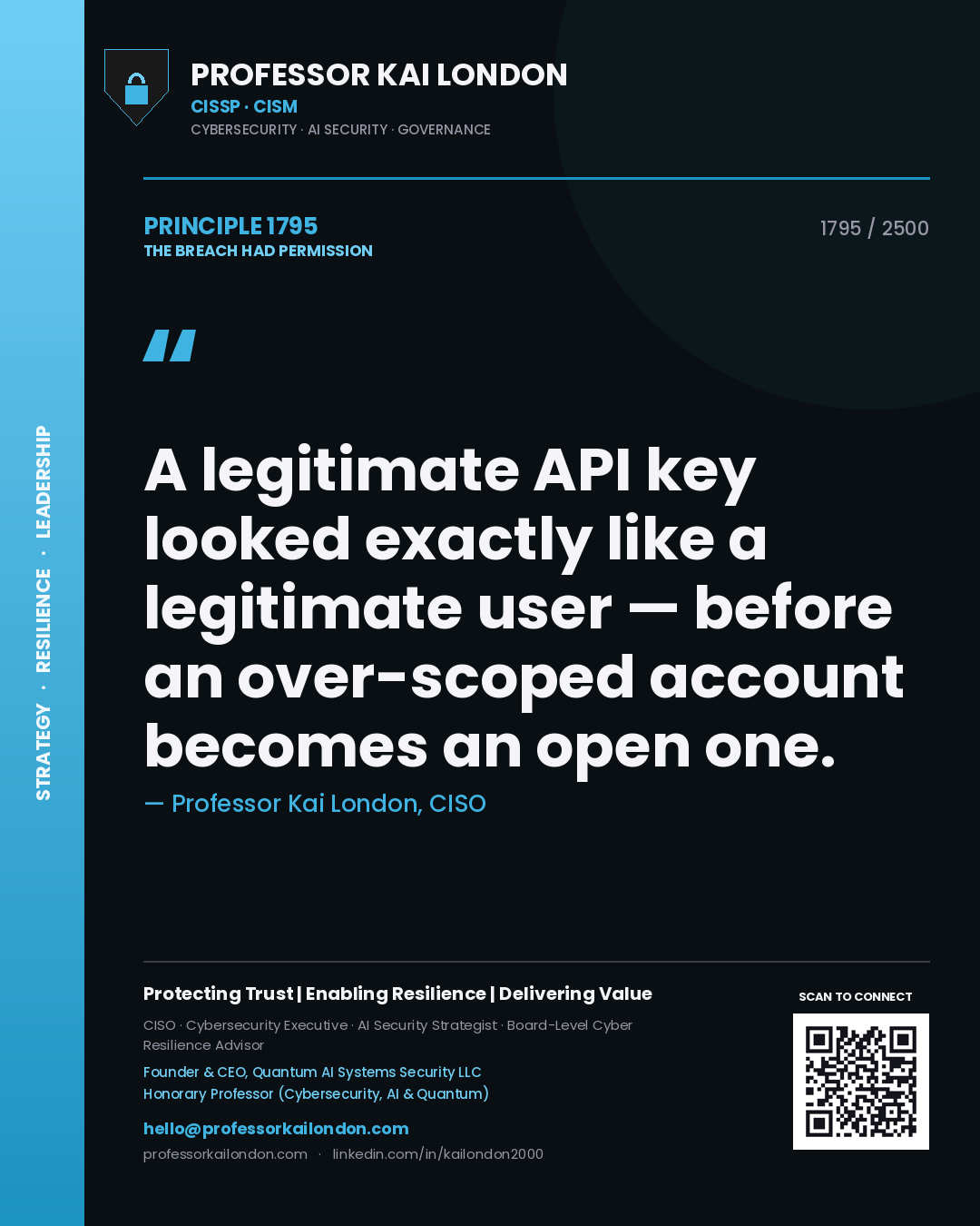 Professor Kai London principle 1795: A legitimate API key looked exactly like a legitimate user — before an over-scoped account becomes an open one.