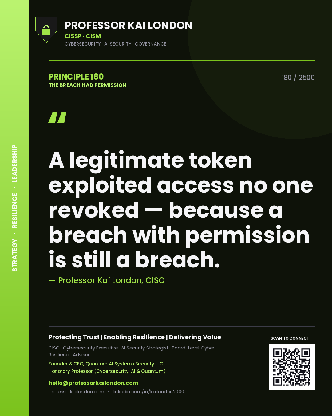 Professor Kai London principle 180: A legitimate token exploited access no one revoked — because a breach with permission is still a breach.