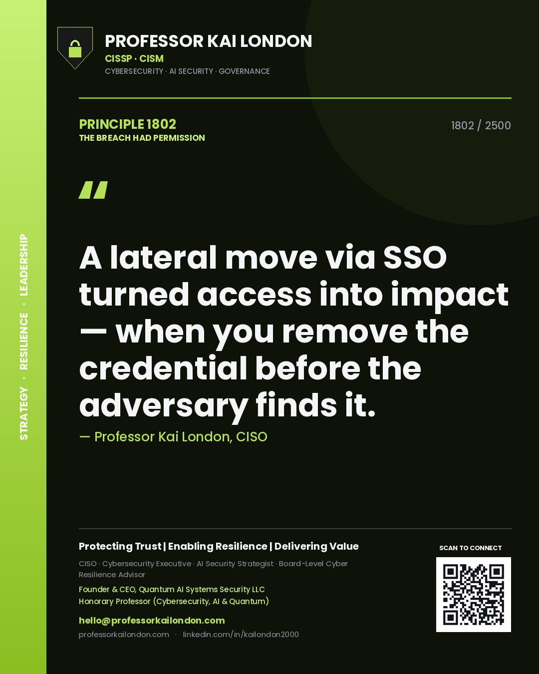 Professor Kai London principle 1802: A lateral move via SSO turned access into impact — when you remove the credential before the adversary finds it.