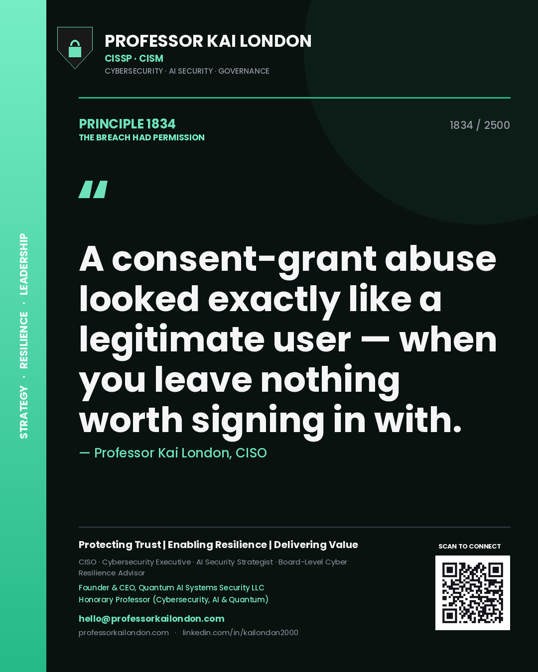 Professor Kai London principle 1834: A consent-grant abuse looked exactly like a legitimate user — when you leave nothing worth signing in with.