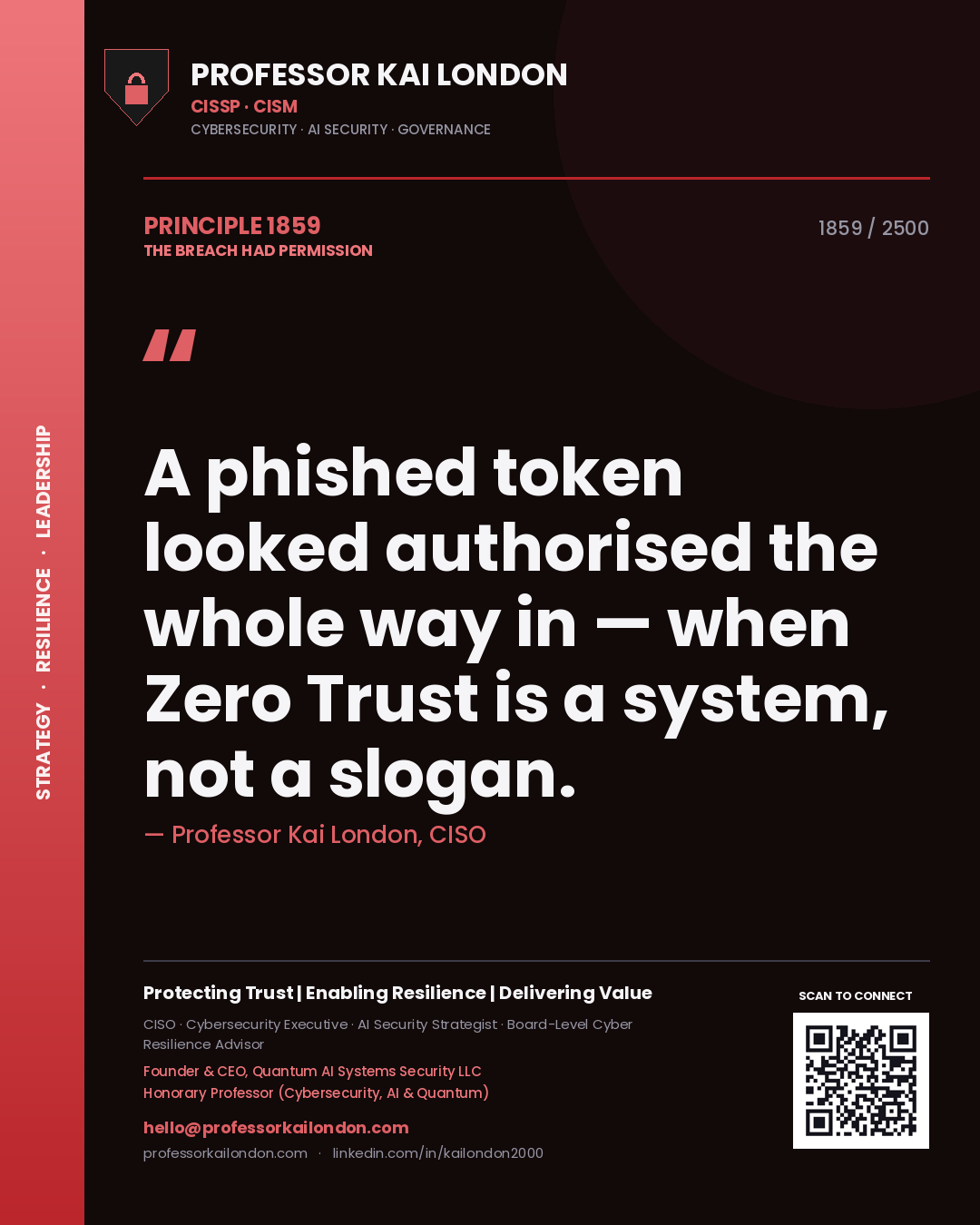 Professor Kai London principle 1859: A phished token looked authorised the whole way in — when Zero Trust is a system, not a slogan.