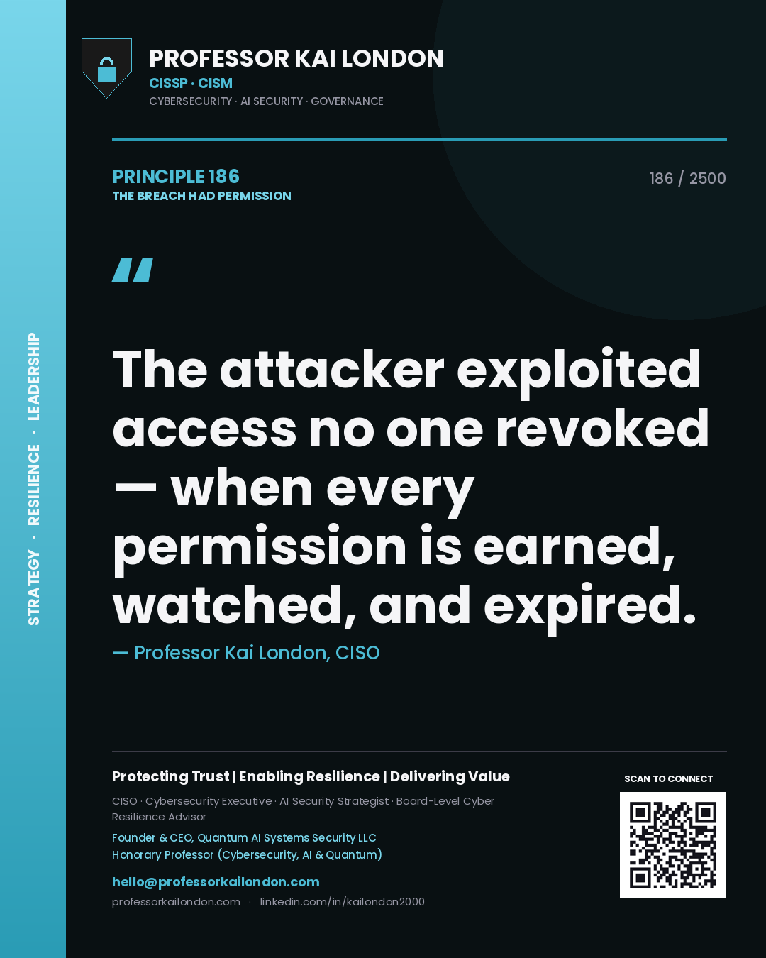 Professor Kai London principle 186: The attacker exploited access no one revoked — when every permission is earned, watched, and expired.