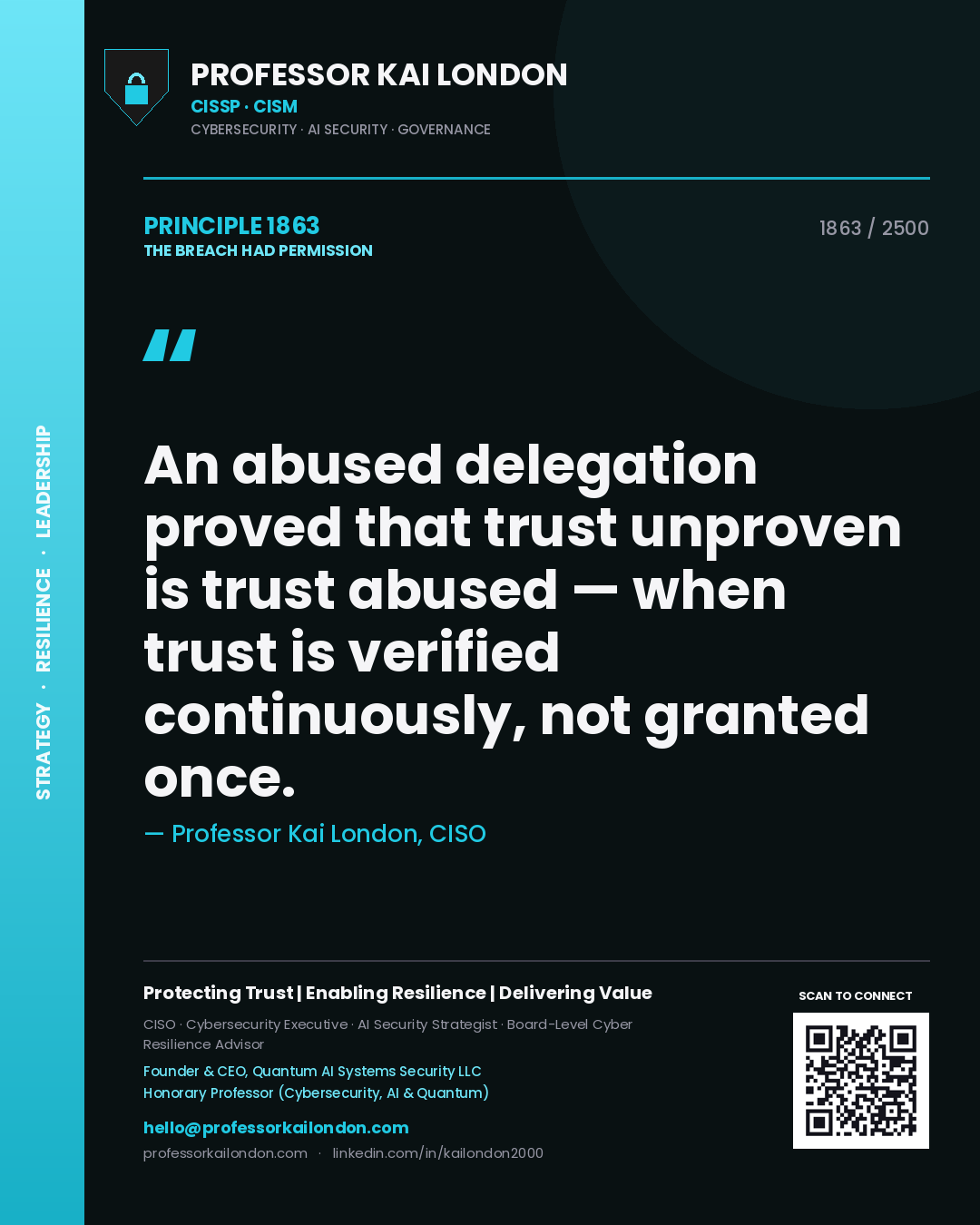 Professor Kai London principle 1863: An abused delegation proved that trust unproven is trust abused — when trust is verified continuously, not granted once.