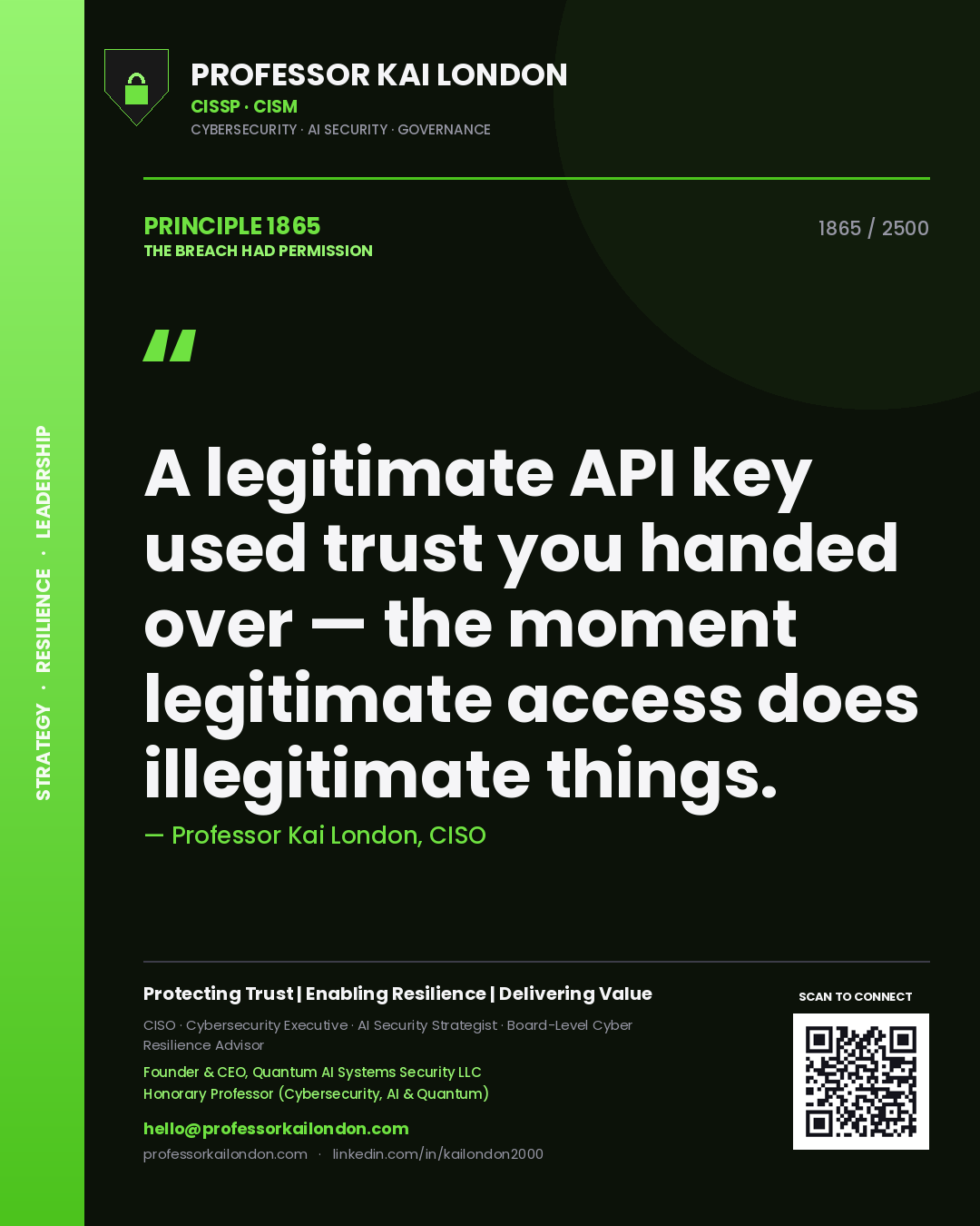 Professor Kai London principle 1865: A legitimate API key used trust you handed over — the moment legitimate access does illegitimate things.