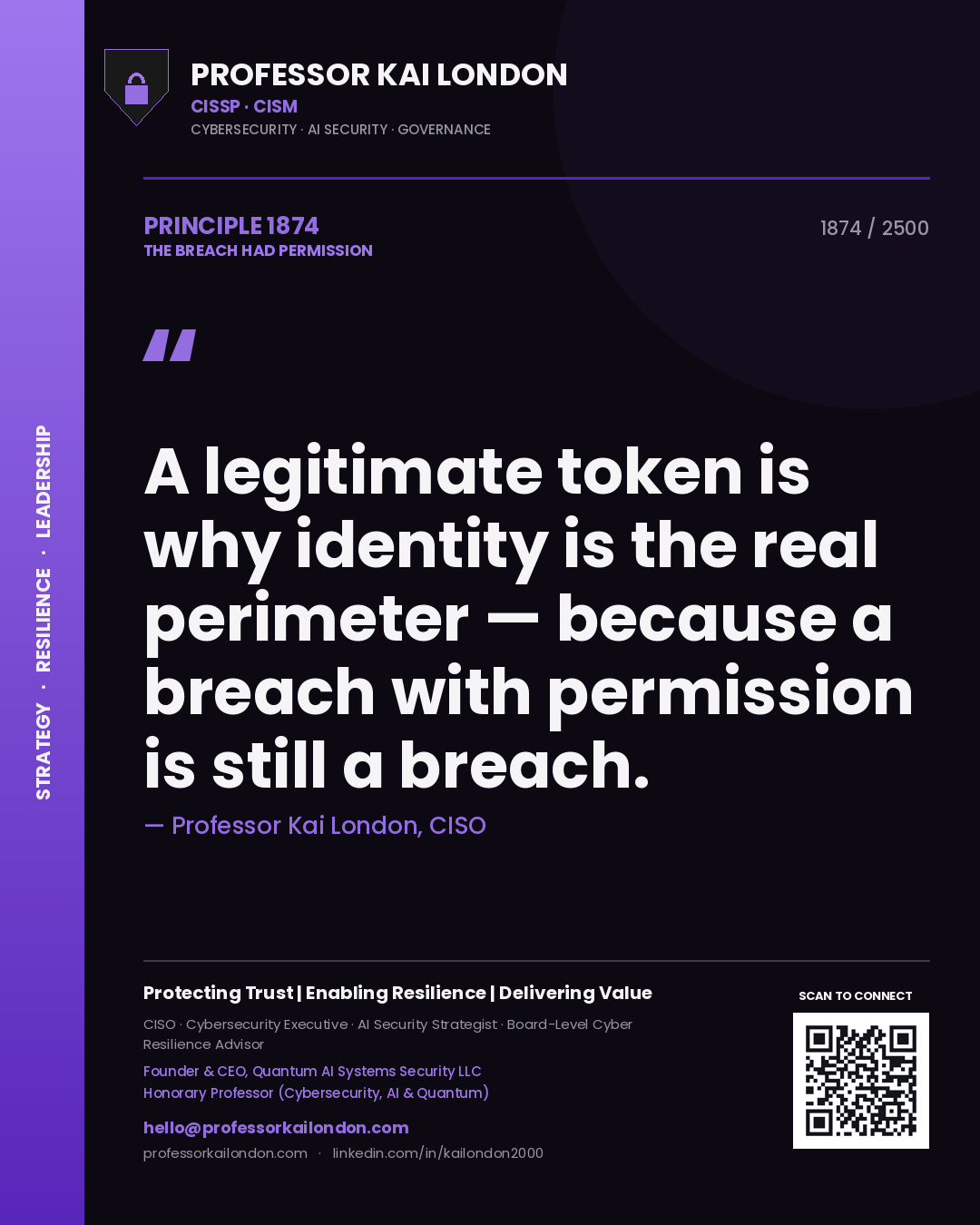 Professor Kai London principle 1874: A legitimate token is why identity is the real perimeter — because a breach with permission is still a breach.