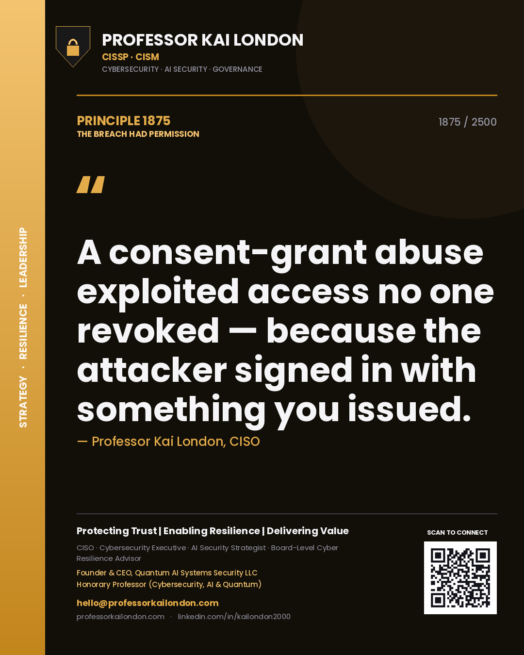 Professor Kai London principle 1875: A consent-grant abuse exploited access no one revoked — because the attacker signed in with something you issued.