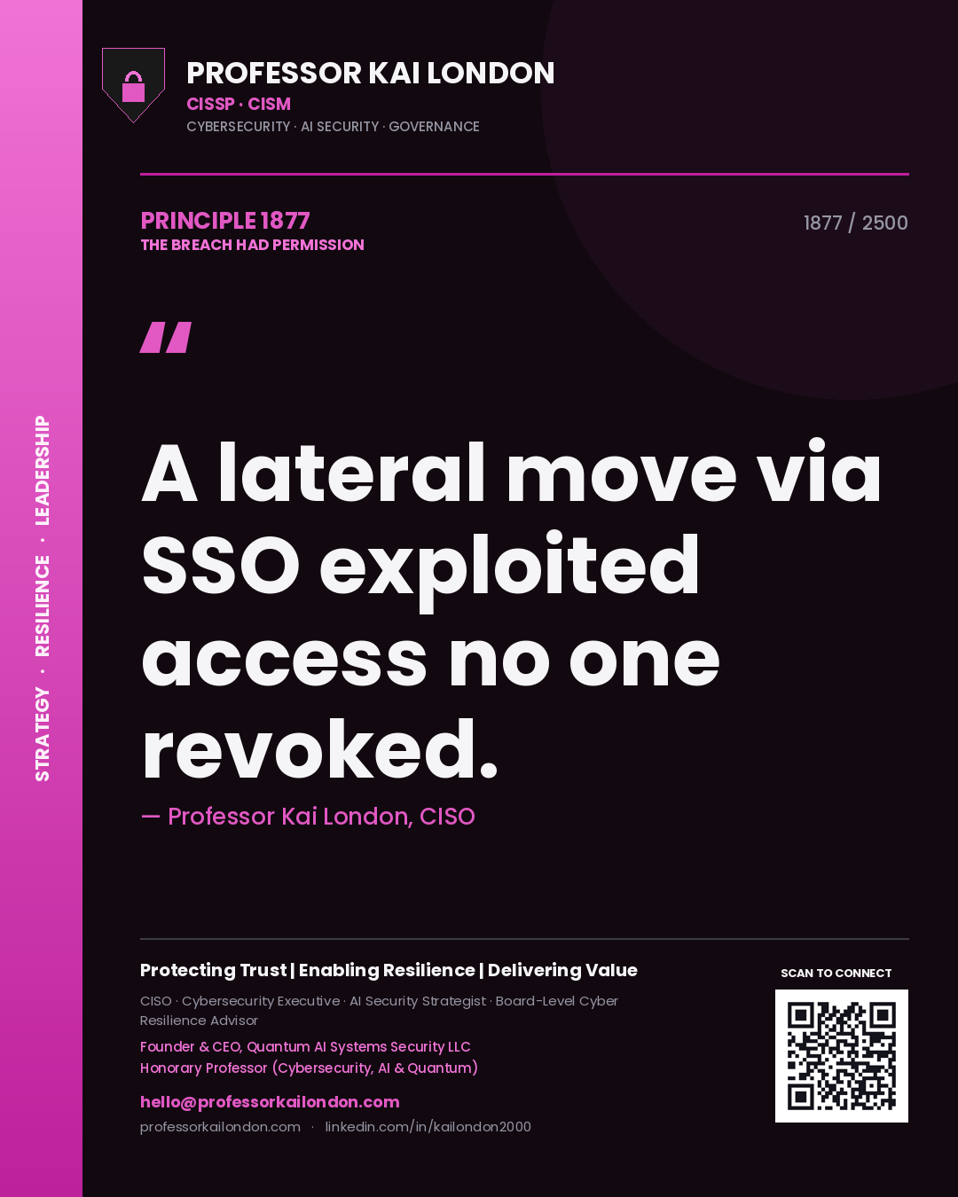 Professor Kai London principle 1877: A lateral move via SSO exploited access no one revoked.