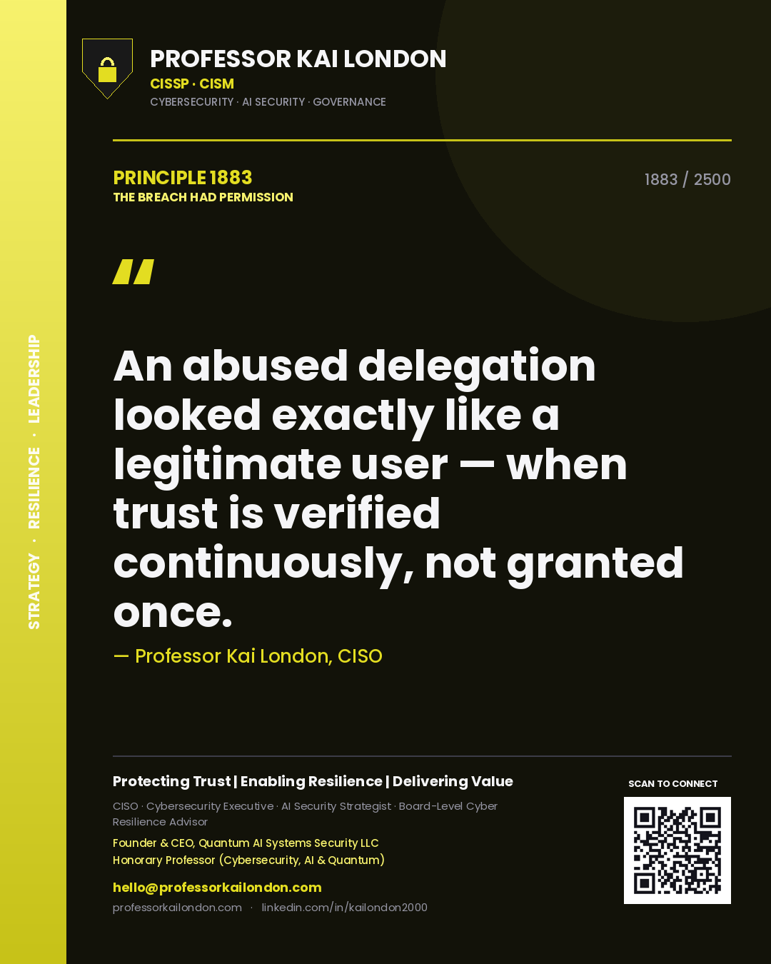 Professor Kai London principle 1883: An abused delegation looked exactly like a legitimate user — when trust is verified continuously, not granted once.