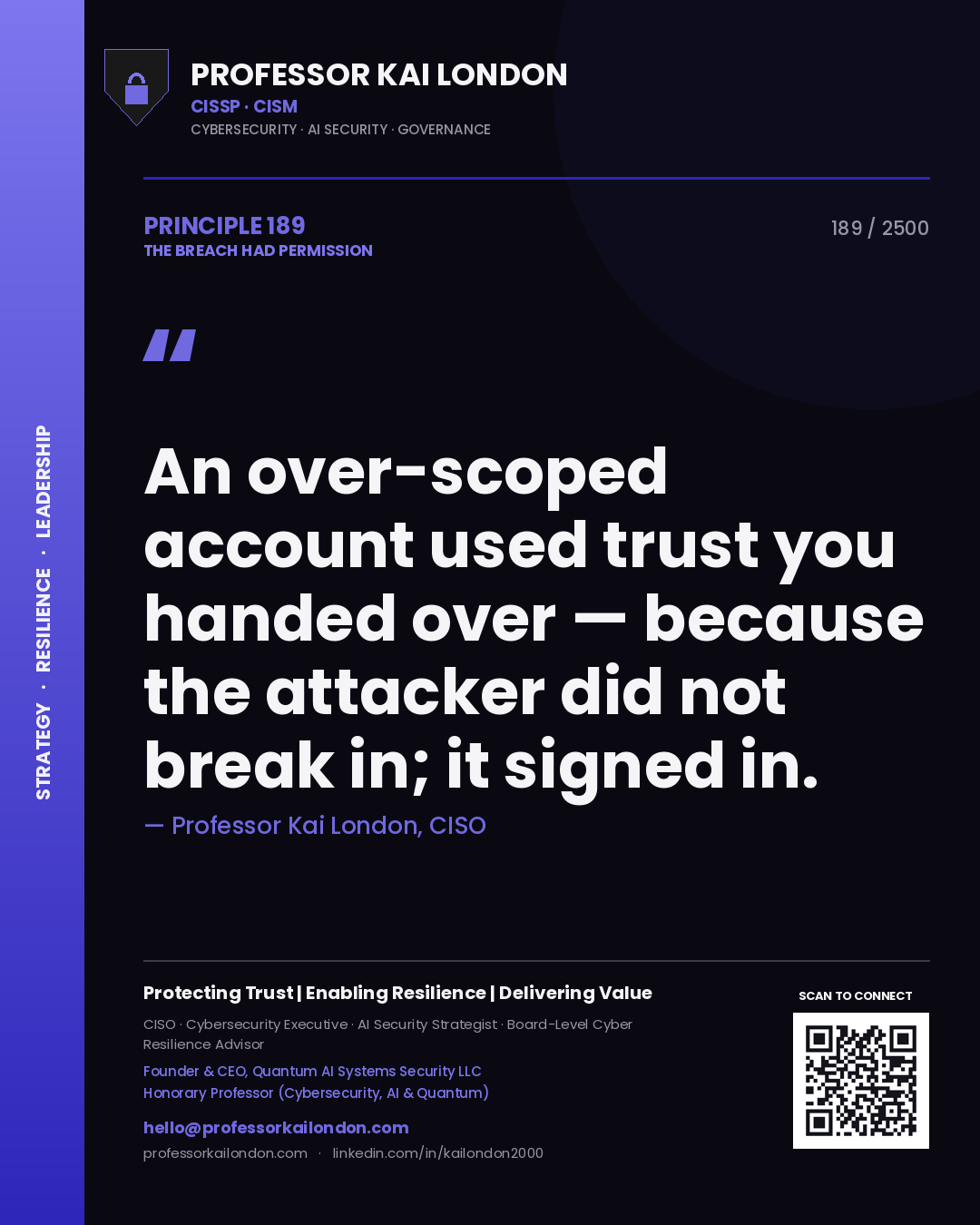Professor Kai London principle 189: An over-scoped account used trust you handed over — because the attacker did not break in; it signed in.