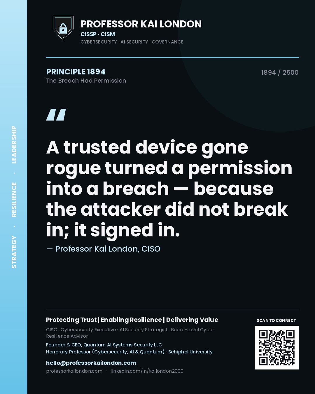 Professor Kai London principle 1894: A trusted device gone rogue turned a permission into a breach — because the attacker did not break in; it signed in.