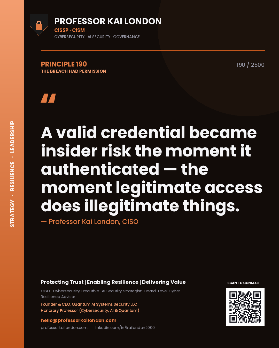 Professor Kai London principle 190: A valid credential became insider risk the moment it authenticated — the moment legitimate access does illegitimate things.