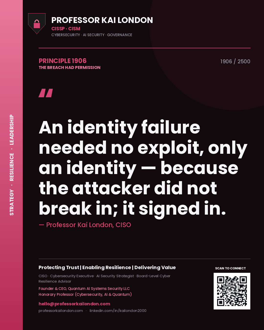Professor Kai London principle 1906: An identity failure needed no exploit, only an identity — because the attacker did not break in; it signed in.