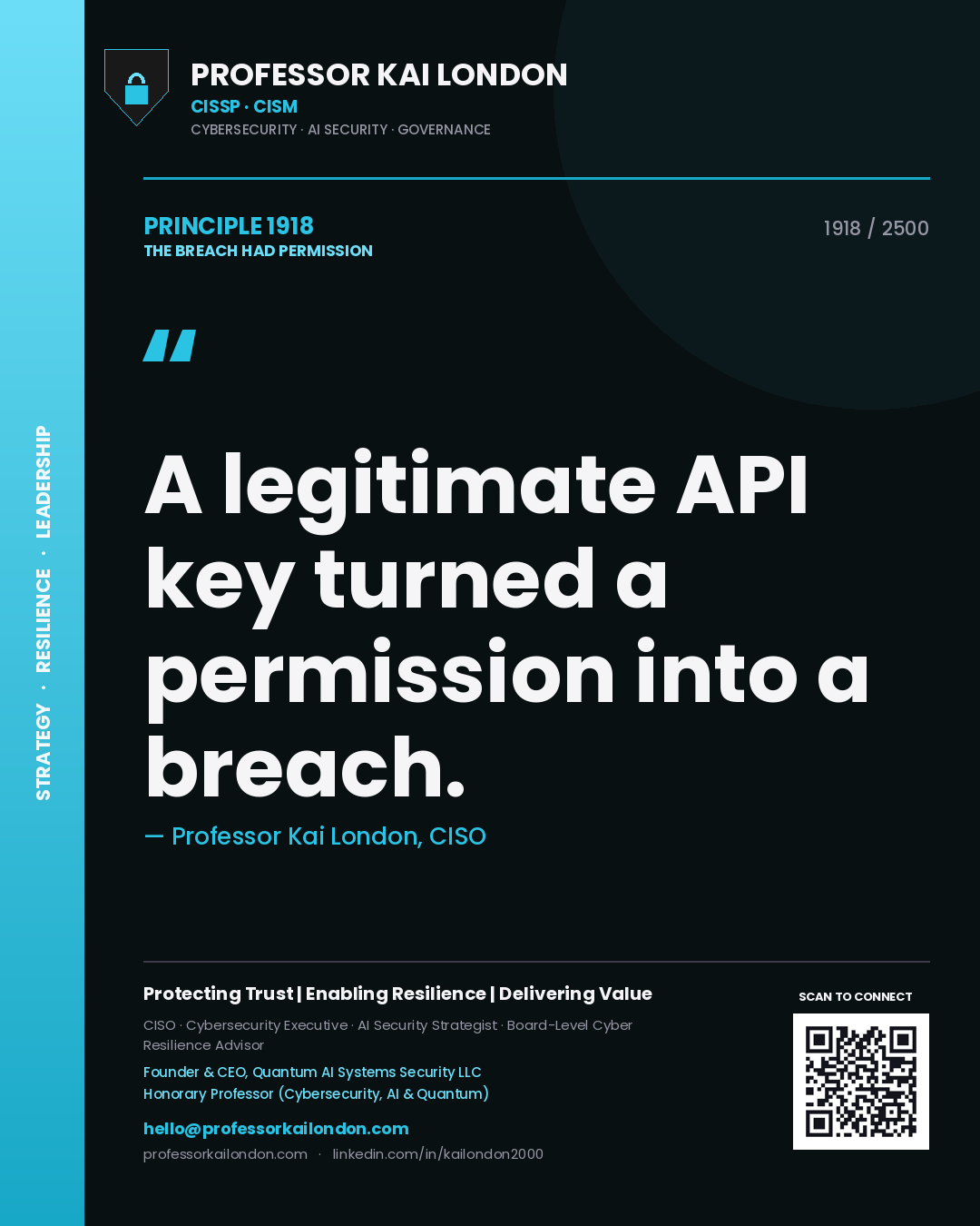Professor Kai London principle 1918: A legitimate API key turned a permission into a breach.