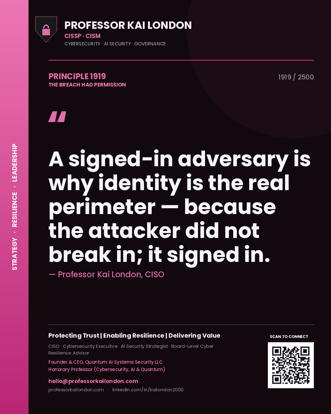 Professor Kai London principle 1919: A signed-in adversary is why identity is the real perimeter — because the attacker did not break in; it signed in.