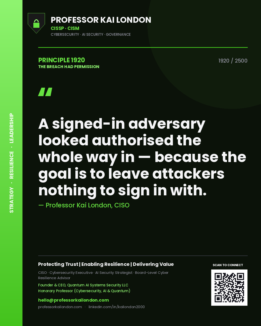Professor Kai London principle 1920: A signed-in adversary looked authorised the whole way in — because the goal is to leave attackers nothing to sign in with.