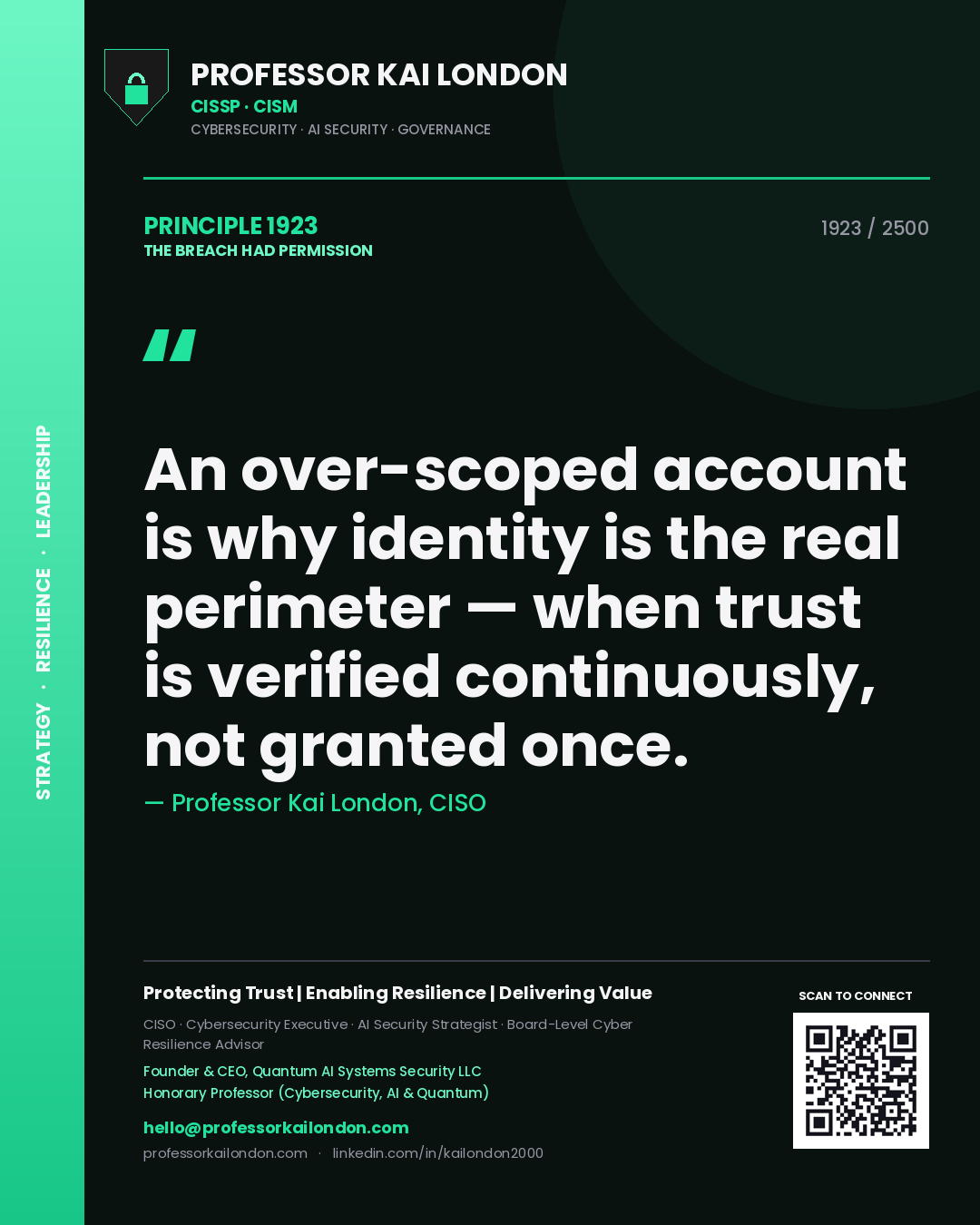 Professor Kai London principle 1923: An over-scoped account is why identity is the real perimeter — when trust is verified continuously, not granted once.