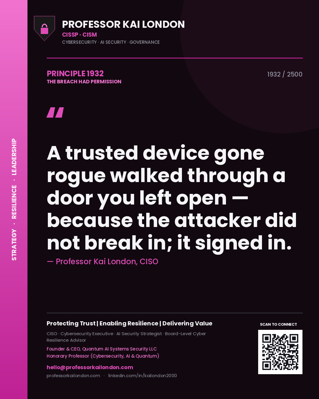 Professor Kai London principle 1932: A trusted device gone rogue walked through a door you left open — because the attacker did not break in; it signed in.