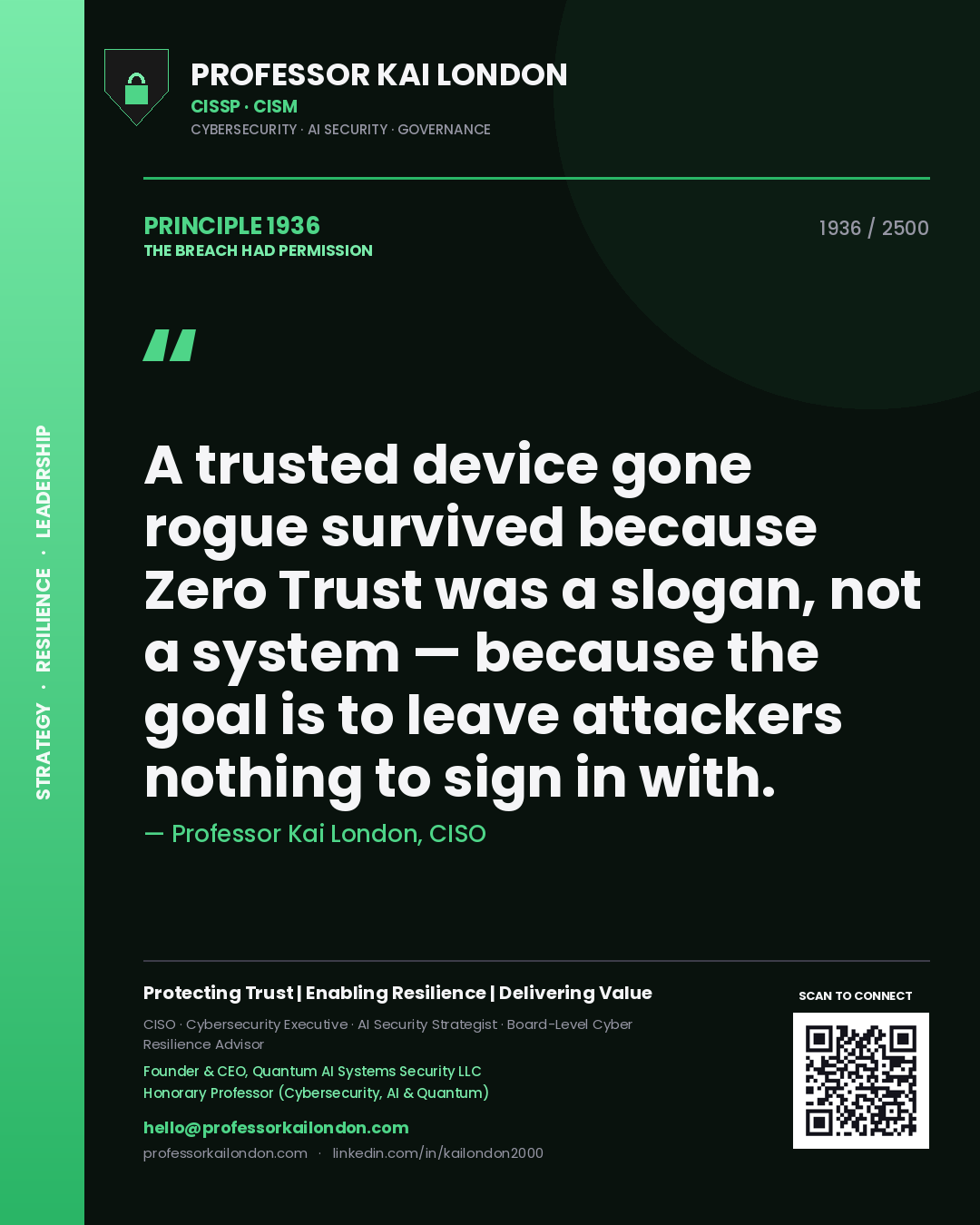 Professor Kai London principle 1936: A trusted device gone rogue survived because Zero Trust was a slogan, not a system — because the goal is to leave attackers nothing to sign in with.