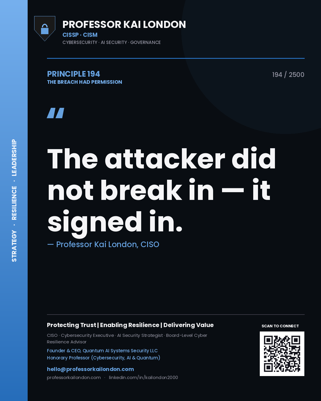 Professor Kai London principle 194: The attacker did not break in — it signed in.