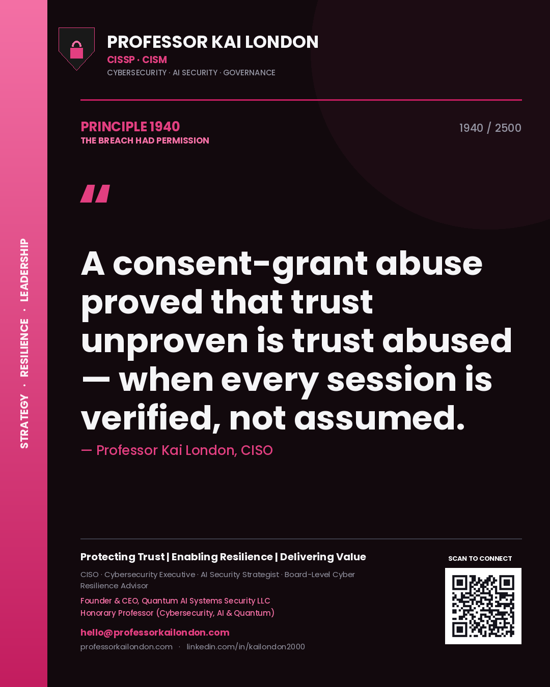 Professor Kai London principle 1940: A consent-grant abuse proved that trust unproven is trust abused — when every session is verified, not assumed.