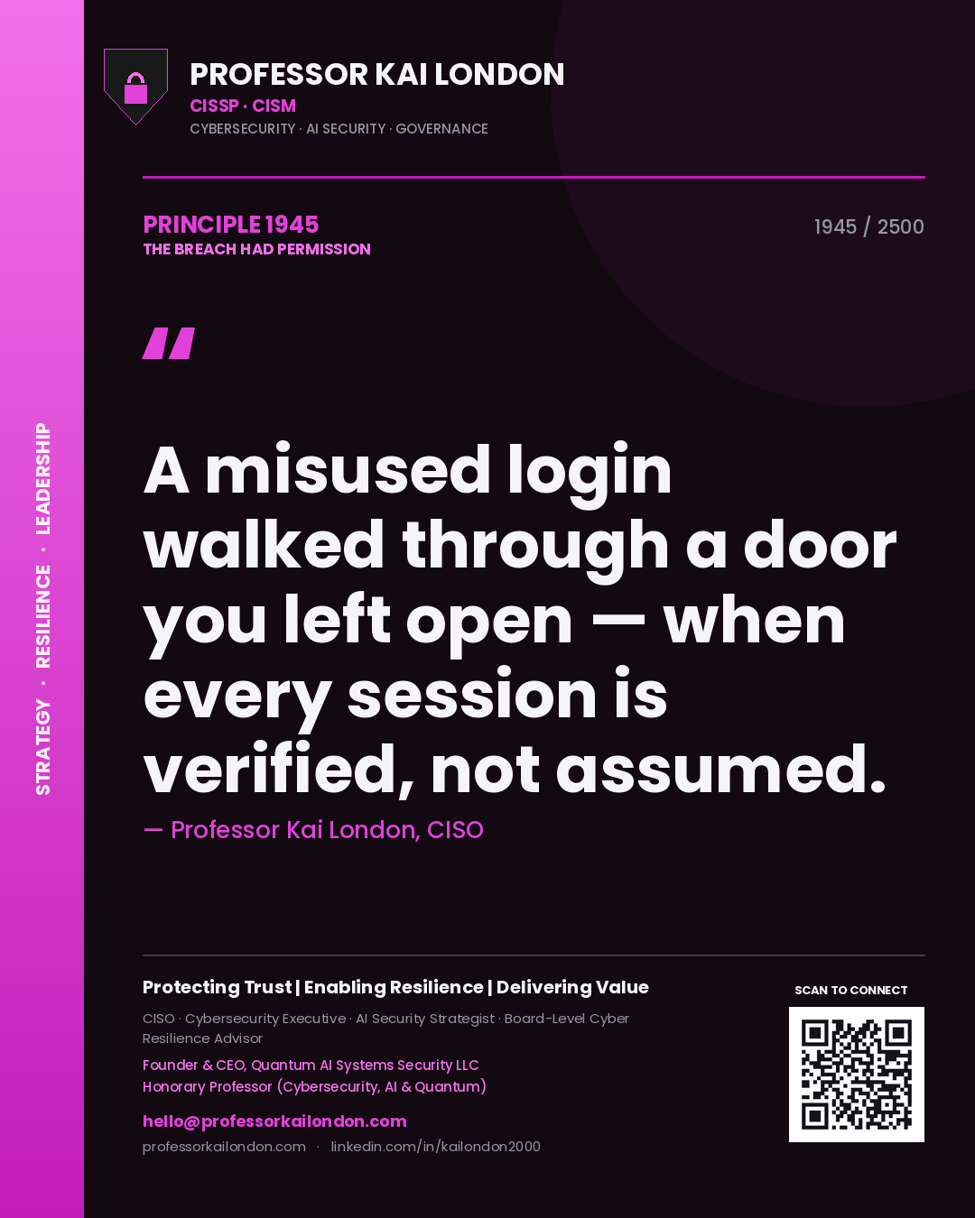 Professor Kai London principle 1945: A misused login walked through a door you left open — when every session is verified, not assumed.
