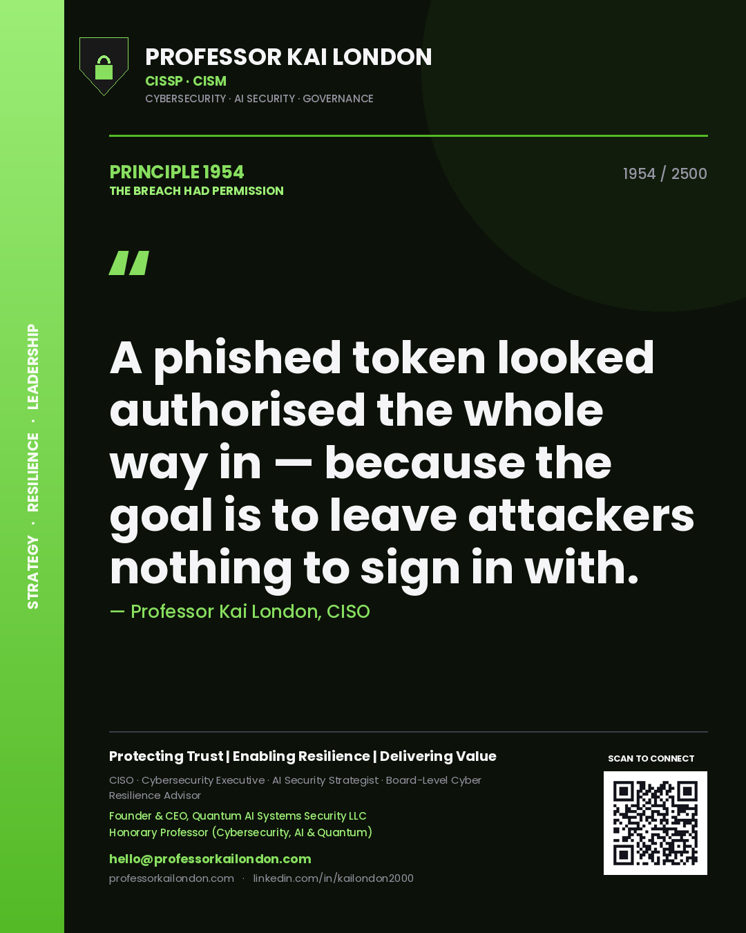 Professor Kai London principle 1954: A phished token looked authorised the whole way in — because the goal is to leave attackers nothing to sign in with.