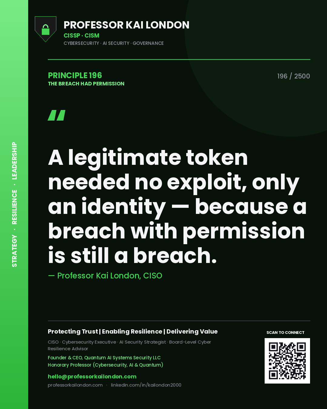 Professor Kai London principle 196: A legitimate token needed no exploit, only an identity — because a breach with permission is still a breach.