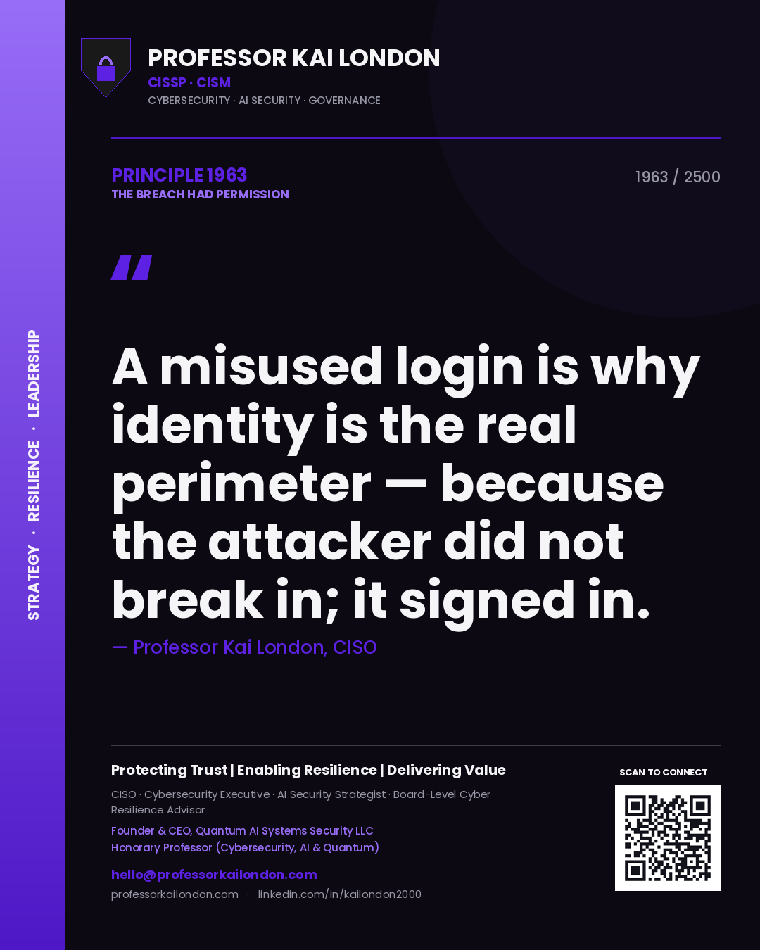 Professor Kai London principle 1963: A misused login is why identity is the real perimeter — because the attacker did not break in; it signed in.