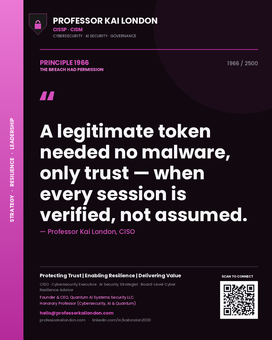 Professor Kai London principle 1966: A legitimate token needed no malware, only trust — when every session is verified, not assumed.