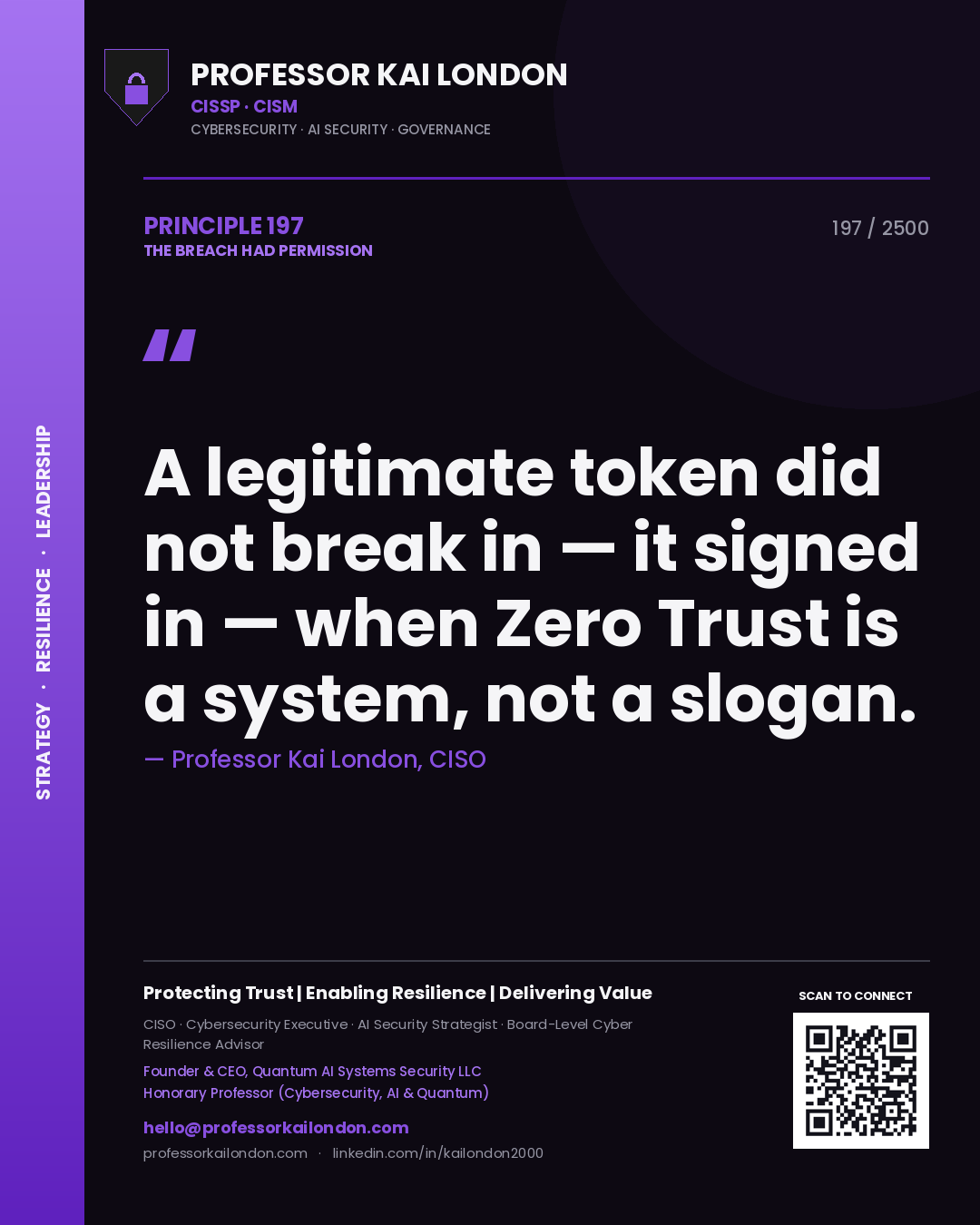 Professor Kai London principle 197: A legitimate token did not break in — it signed in — when Zero Trust is a system, not a slogan.