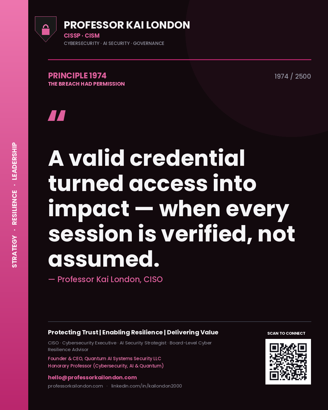 Professor Kai London principle 1974: A valid credential turned access into impact — when every session is verified, not assumed.