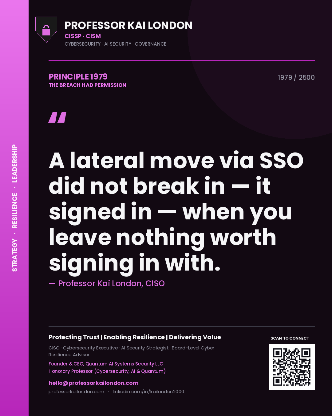 Professor Kai London principle 1979: A lateral move via SSO did not break in — it signed in — when you leave nothing worth signing in with.