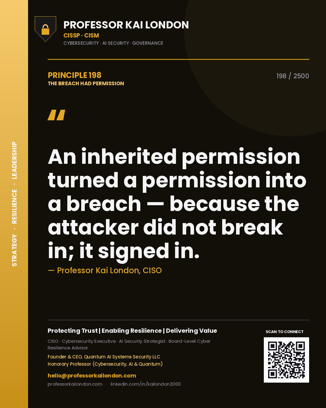 Professor Kai London principle 198: An inherited permission turned a permission into a breach — because the attacker did not break in; it signed in.