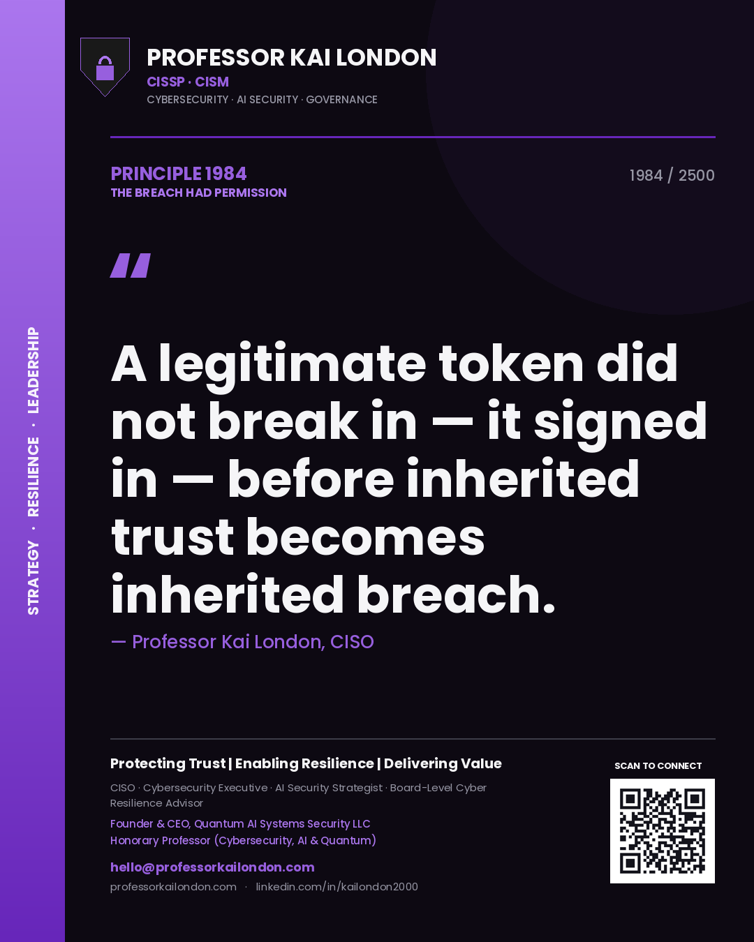 Professor Kai London principle 1984: A legitimate token did not break in — it signed in — before inherited trust becomes inherited breach.
