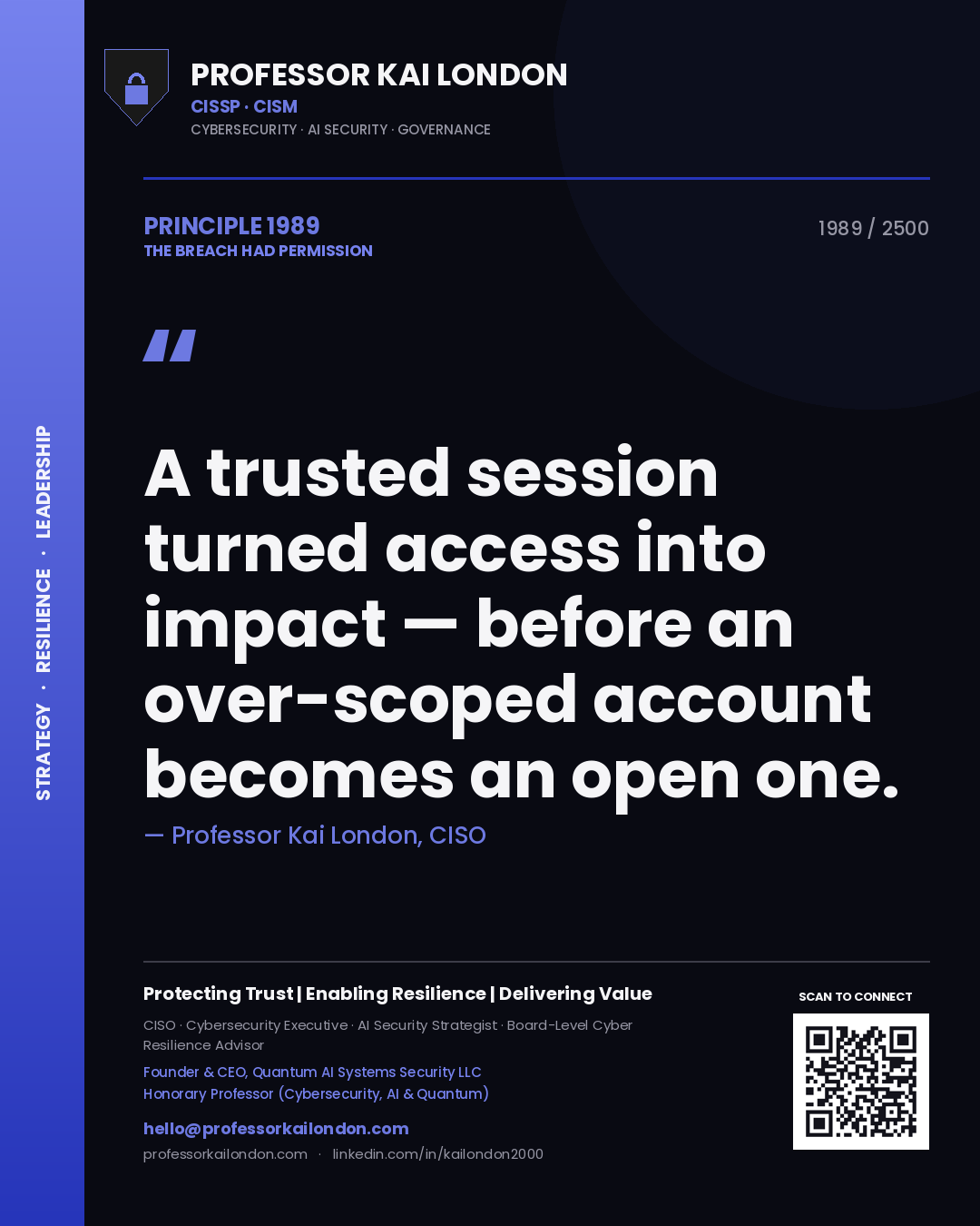 Professor Kai London principle 1989: A trusted session turned access into impact — before an over-scoped account becomes an open one.