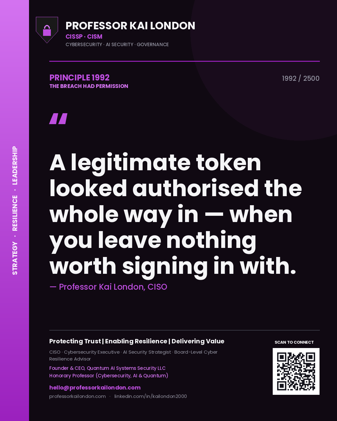 Professor Kai London principle 1992: A legitimate token looked authorised the whole way in — when you leave nothing worth signing in with.