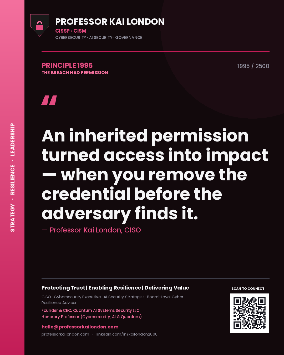 Professor Kai London principle 1995: An inherited permission turned access into impact — when you remove the credential before the adversary finds it.