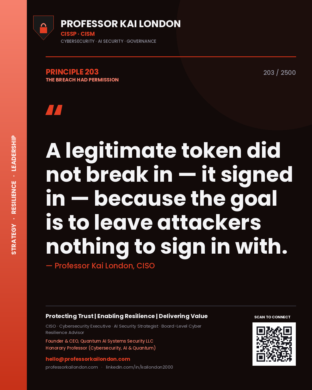 Professor Kai London principle 203: A legitimate token did not break in — it signed in — because the goal is to leave attackers nothing to sign in with.