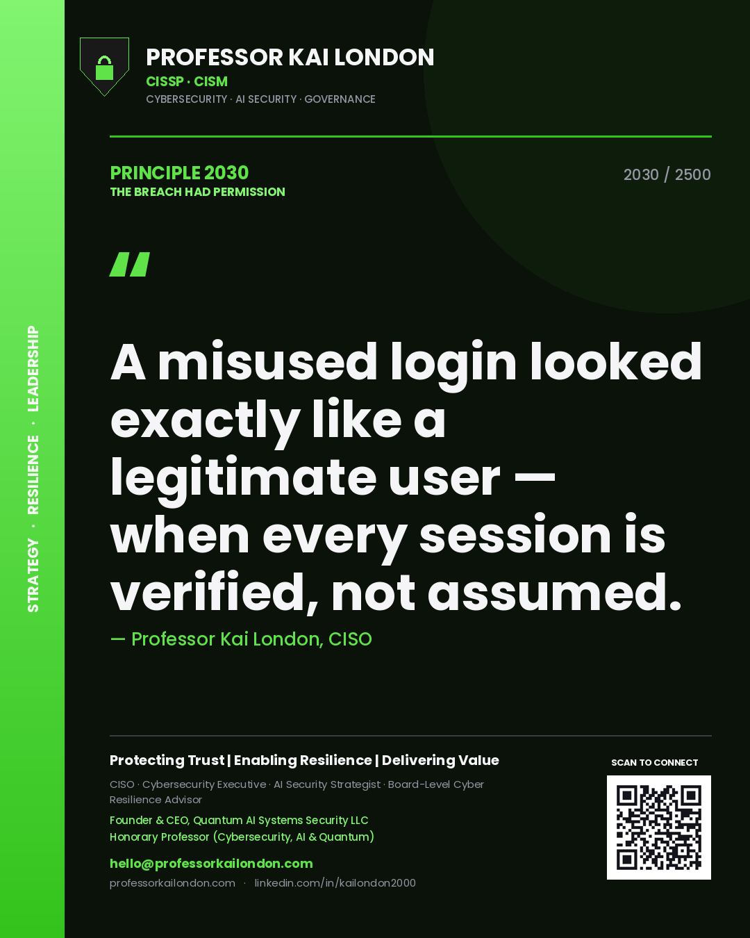 Professor Kai London principle 2030: A misused login looked exactly like a legitimate user — when every session is verified, not assumed.