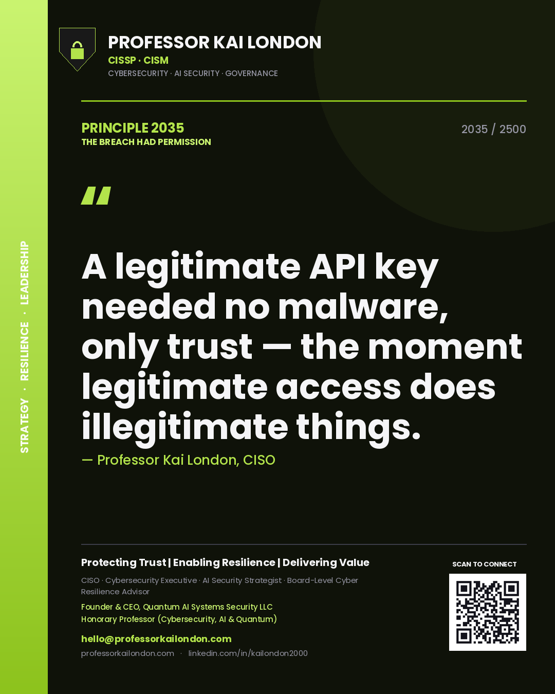 Professor Kai London principle 2035: A legitimate API key needed no malware, only trust — the moment legitimate access does illegitimate things.