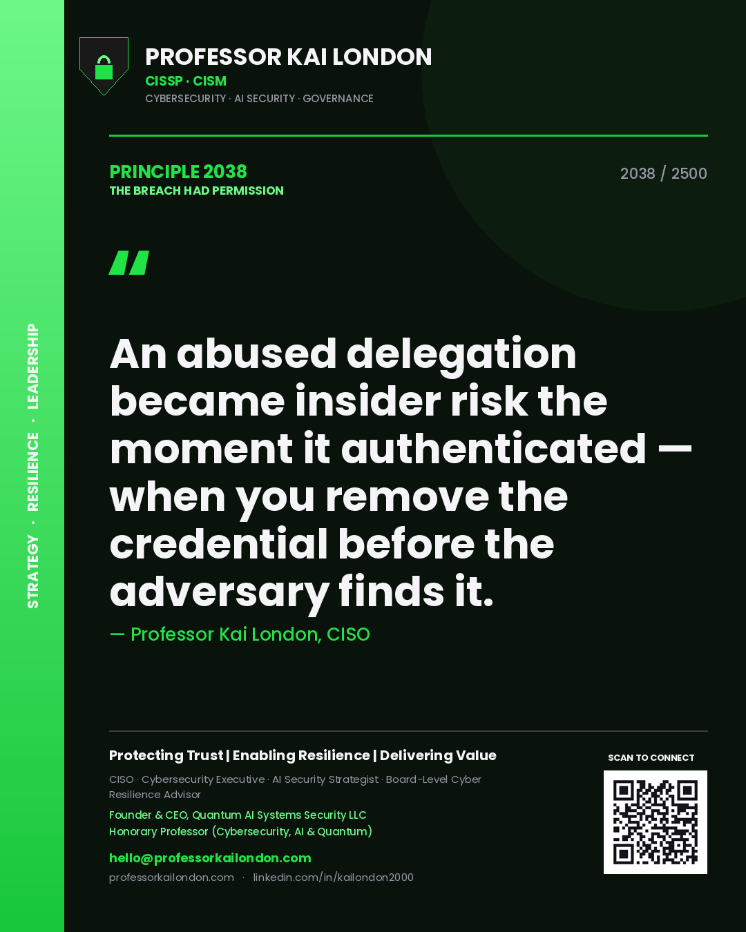 Professor Kai London principle 2038: An abused delegation became insider risk the moment it authenticated — when you remove the credential before the adversary finds it.