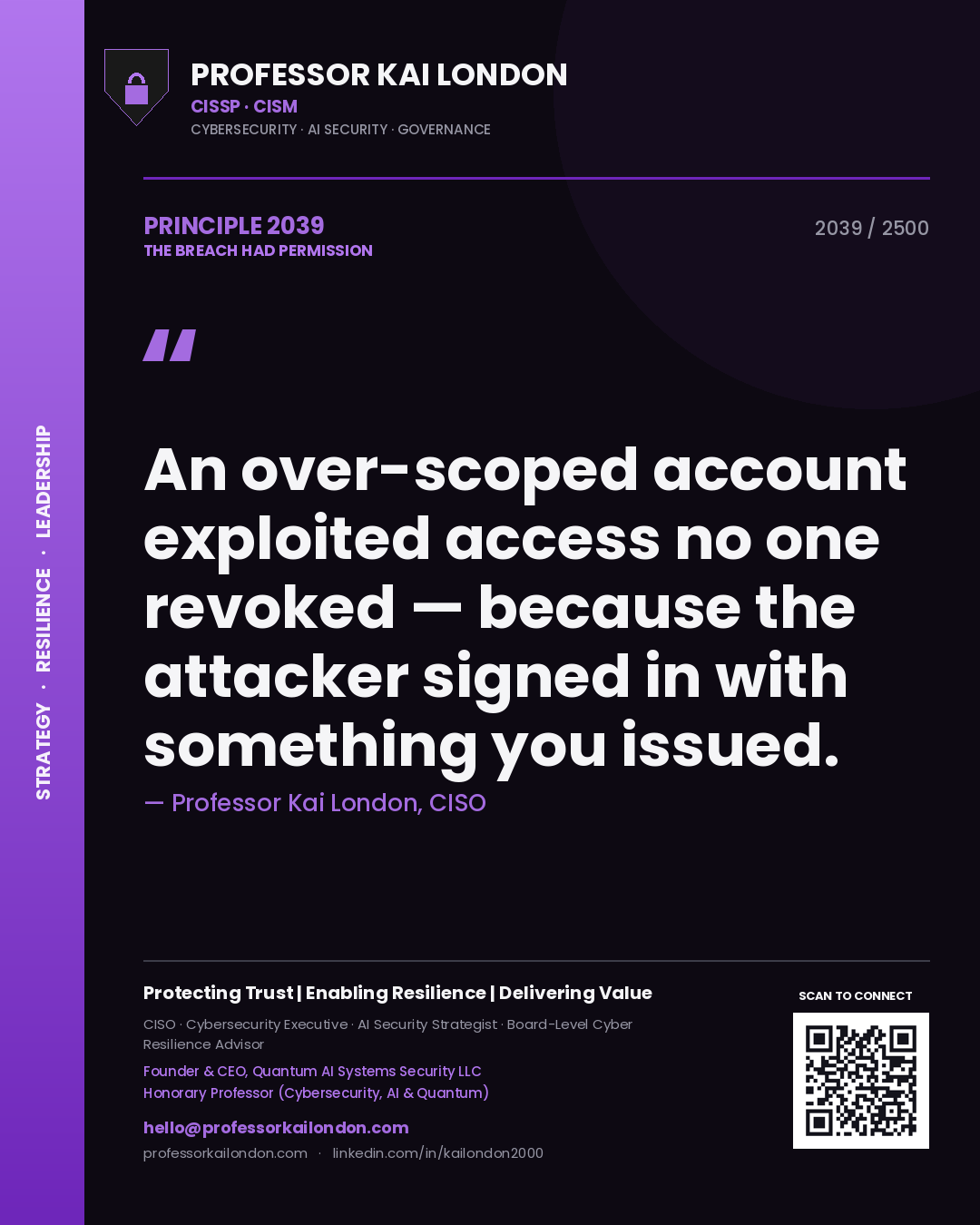 Professor Kai London principle 2039: An over-scoped account exploited access no one revoked — because the attacker signed in with something you issued.