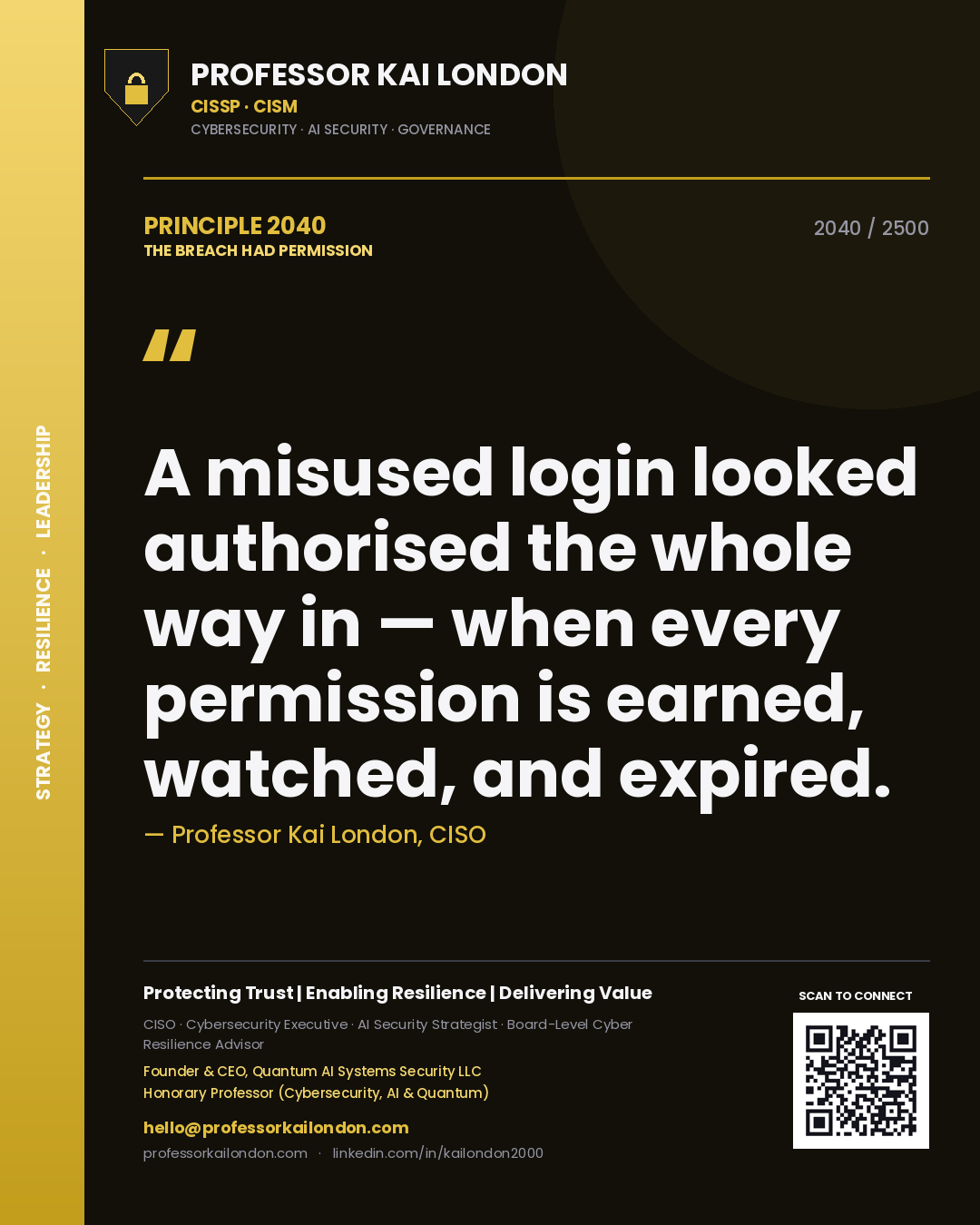Professor Kai London principle 2040: A misused login looked authorised the whole way in — when every permission is earned, watched, and expired.