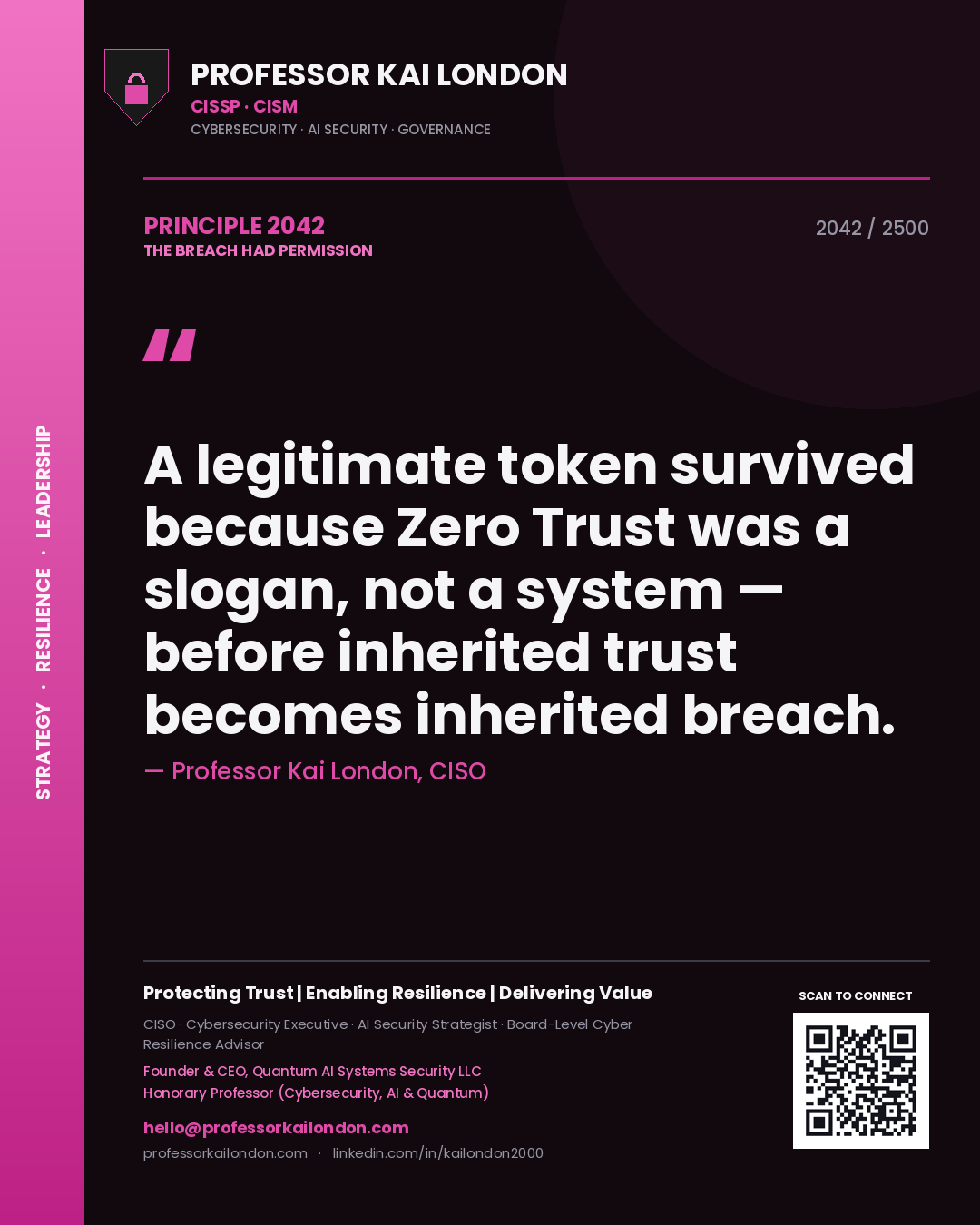 Professor Kai London principle 2042: A legitimate token survived because Zero Trust was a slogan, not a system — before inherited trust becomes inherited breach.